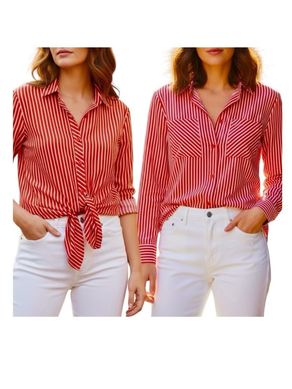 Papaya Blouse Red White Stripes Printed Long Sleeve Buttons Down Top Sz L